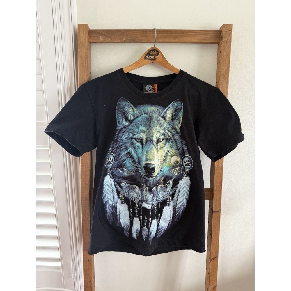 VTG Native Wolf Tee Shirt Medium Black Graphic Dreamcatcher Nature Single Stitch